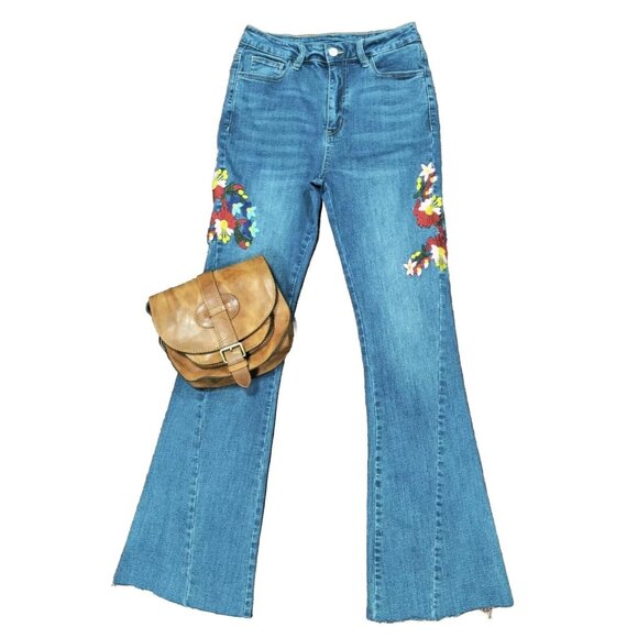 Unbranded Denim - 70s Flare Leg Whimsy Flower Y2K High waist Denim Jeans 27